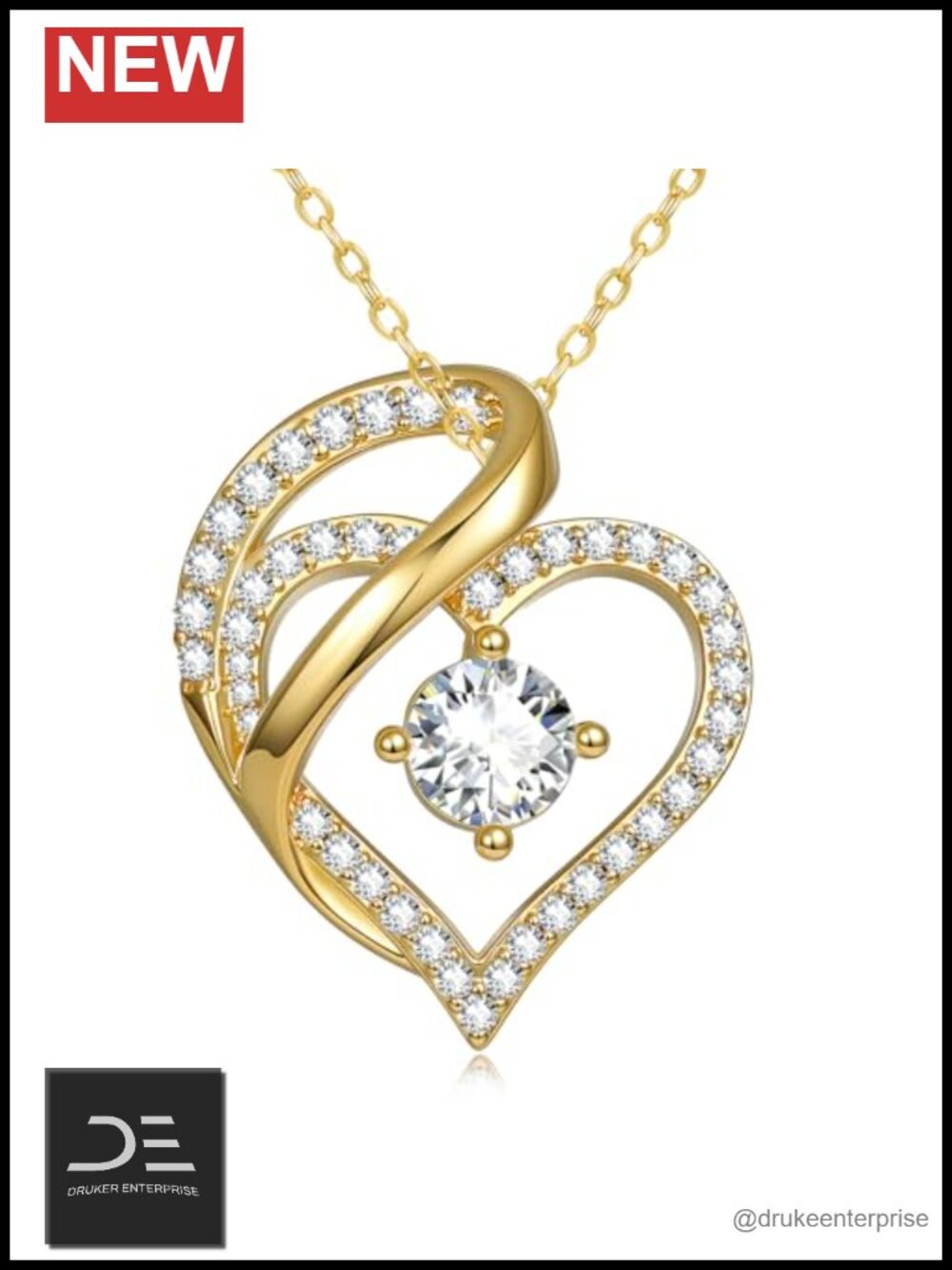 14K Gold Plated Heart Pendant Necklace with Cubic Zirconia, Hypoallergenic,